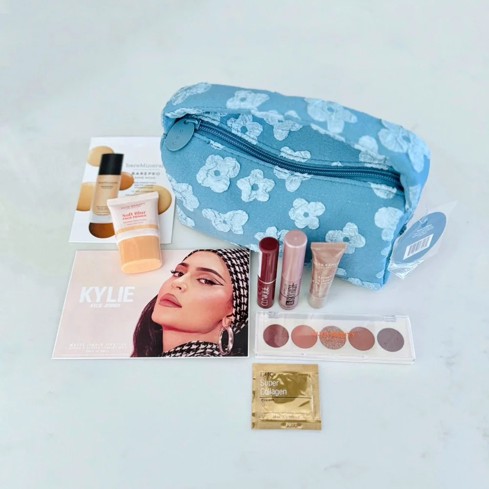 Ulta Beauty Denim Floral Stuffed Cosmetic & Make-Up Bag BUNDLE, Travel Samples